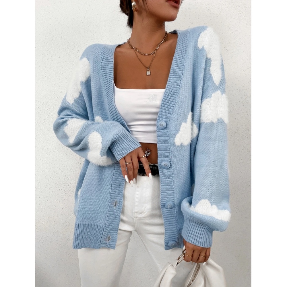 Blue Knit Cardigan White Fuzzy Cloud Textured Pattern Button Up